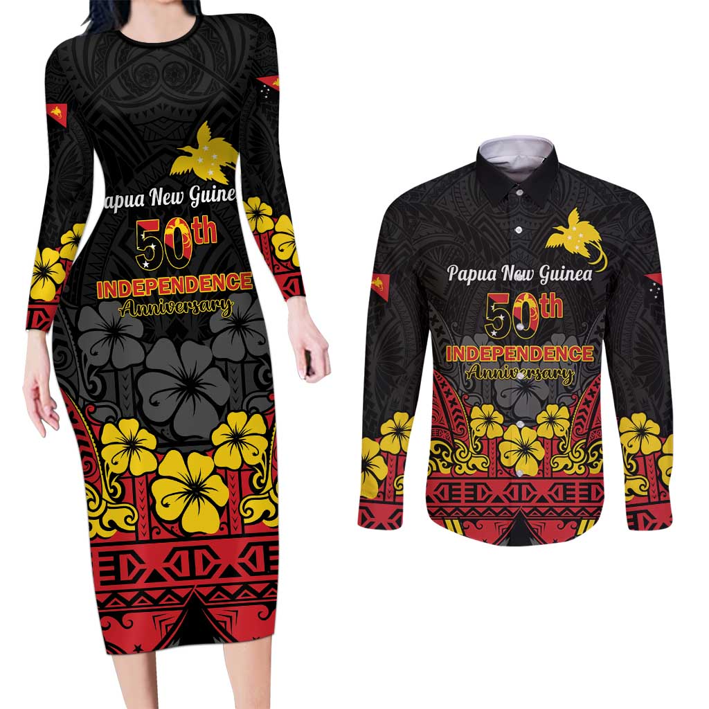 Papua New Guinea Independence Day Couples Matching Long Sleeve Bodycon Dress and Long Sleeve Button Shirt PNG Bird of Paradise 50th Anniversary LT14 Black - Polynesian Pride