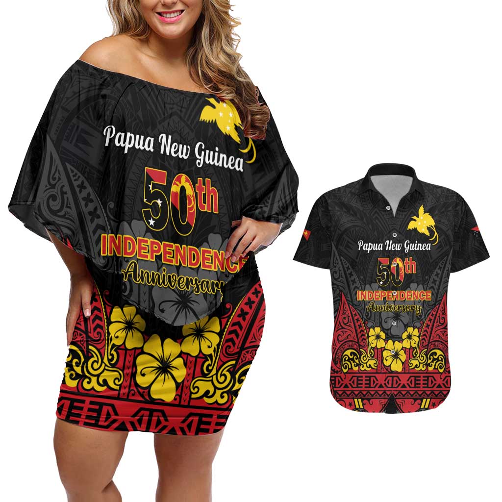 Papua New Guinea Independence Day Couples Matching Off Shoulder Short Dress and Hawaiian Shirt PNG Bird of Paradise 50th Anniversary LT14 Black - Polynesian Pride