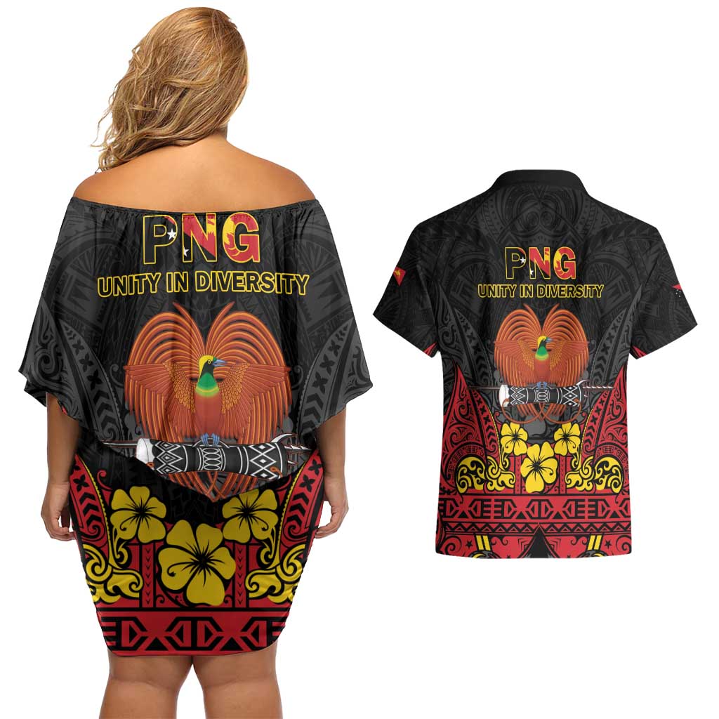 Papua New Guinea Independence Day Couples Matching Off Shoulder Short Dress and Hawaiian Shirt PNG Bird of Paradise 50th Anniversary LT14