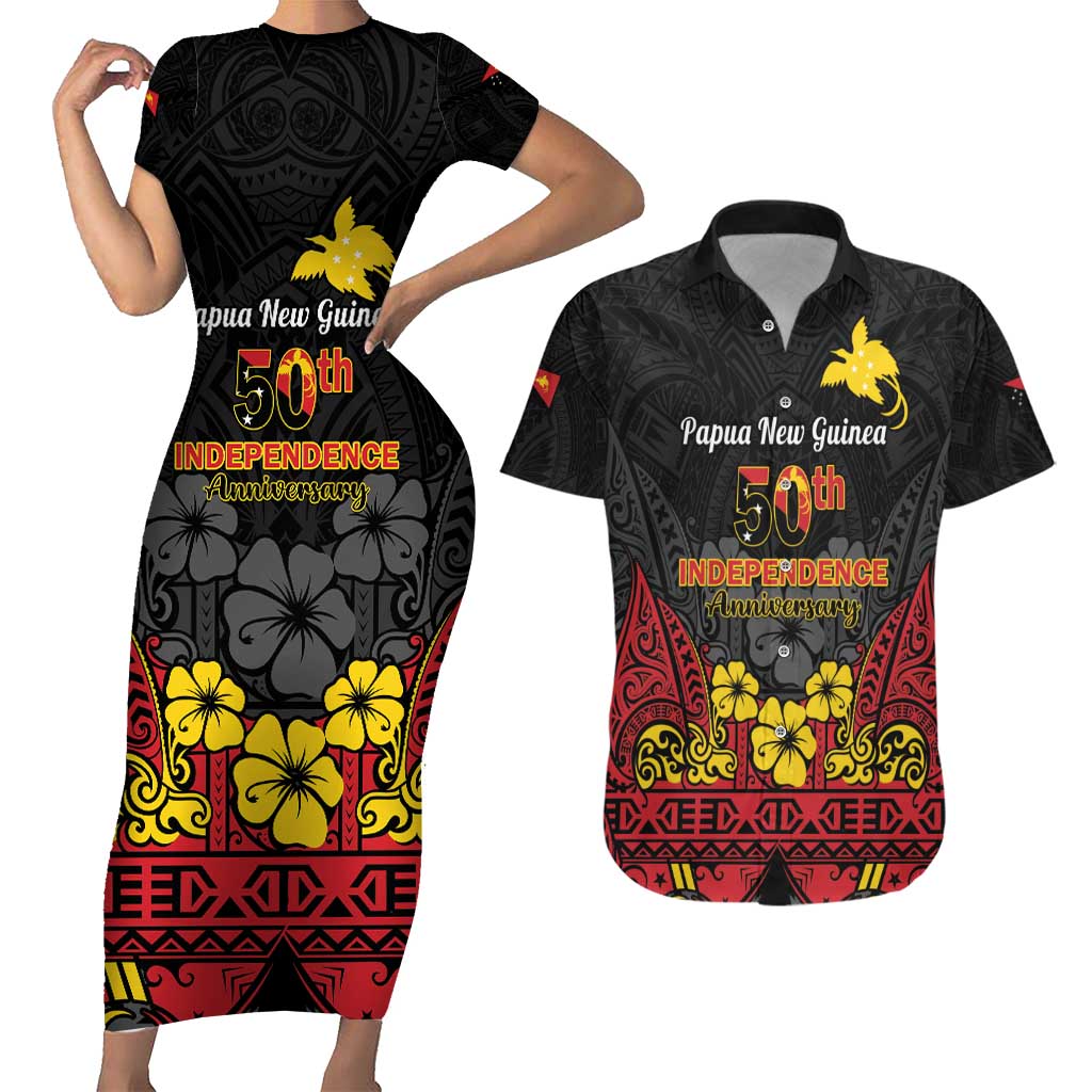 Papua New Guinea Independence Day Couples Matching Short Sleeve Bodycon Dress and Hawaiian Shirt PNG Bird of Paradise 50th Anniversary LT14 Black - Polynesian Pride