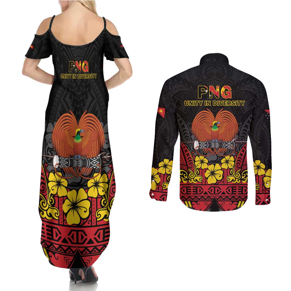 Papua New Guinea Independence Day Couples Matching Summer Maxi Dress and Long Sleeve Button Shirt PNG Bird of Paradise 50th Anniversary LT14