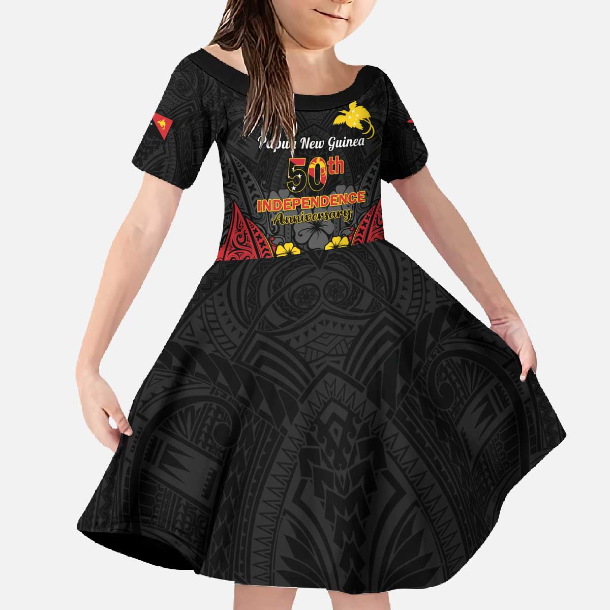 Papua New Guinea Independence Day Family Matching Off The Shoulder Long Sleeve Dress and Hawaiian Shirt PNG Bird of Paradise 50th Anniversary LT14