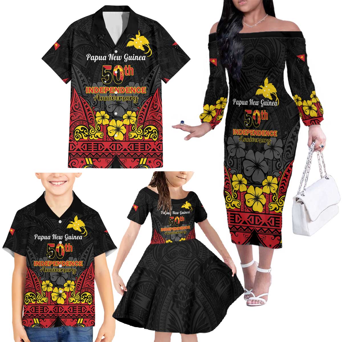 Papua New Guinea Independence Day Family Matching Off The Shoulder Long Sleeve Dress and Hawaiian Shirt PNG Bird of Paradise 50th Anniversary LT14 - Polynesian Pride