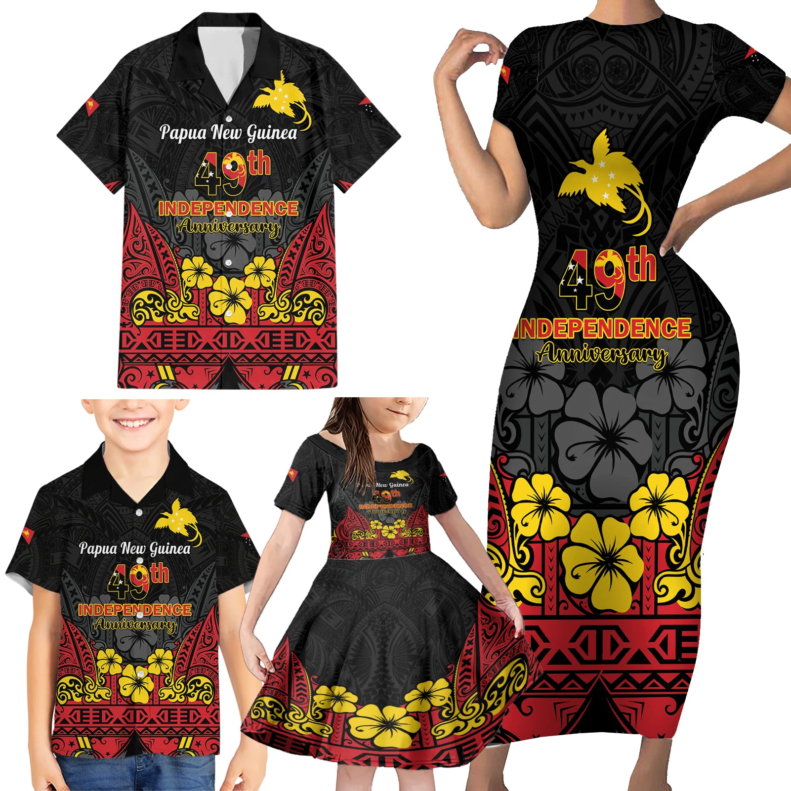 Papua New Guinea Independence Day Family Matching Short Sleeve Bodycon Dress and Hawaiian Shirt PNG Bird of Paradise 49th Anniversary