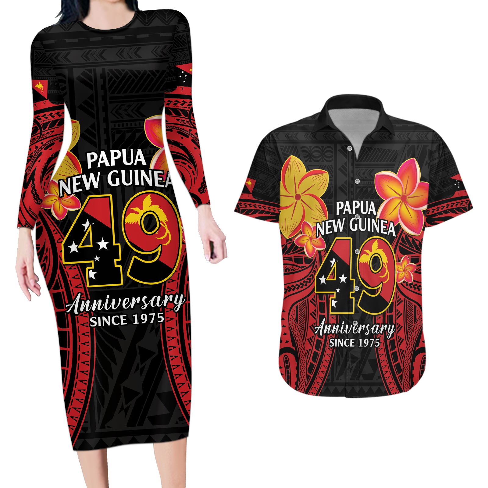 Papua New Guinea Independence Day Couples Matching Long Sleeve Bodycon Dress and Hawaiian Shirt PNG Since 1975