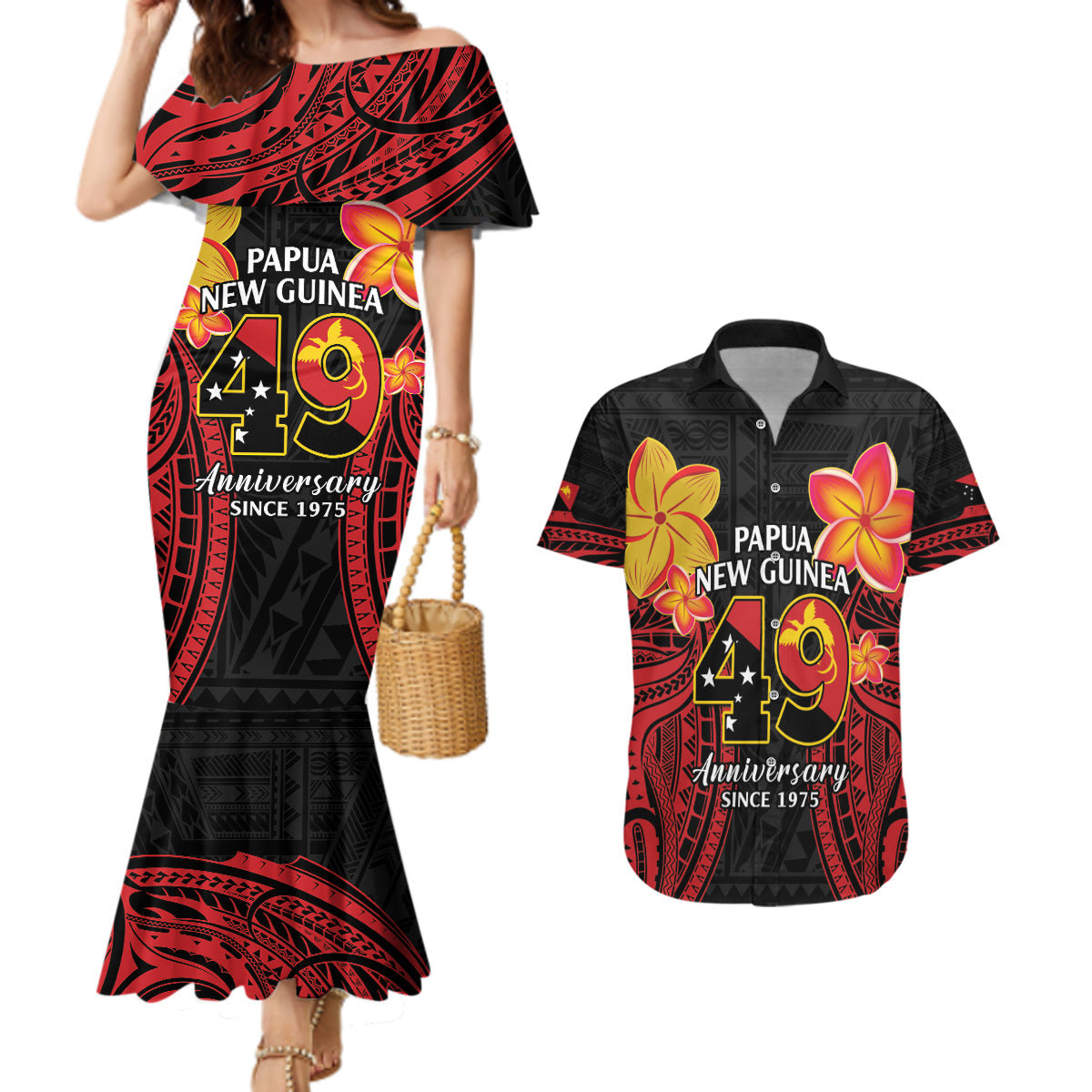 Papua New Guinea Independence Day Couples Matching Mermaid Dress and Hawaiian Shirt PNG Since 1975