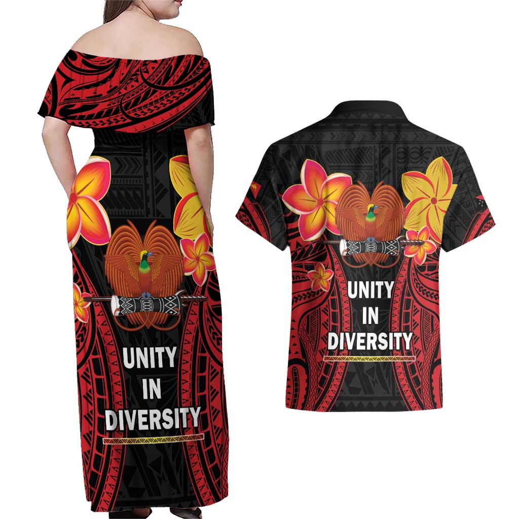 Papua New Guinea Independence Day Couples Matching Off Shoulder Maxi Dress and Hawaiian Shirt PNG Since 1975 LT14