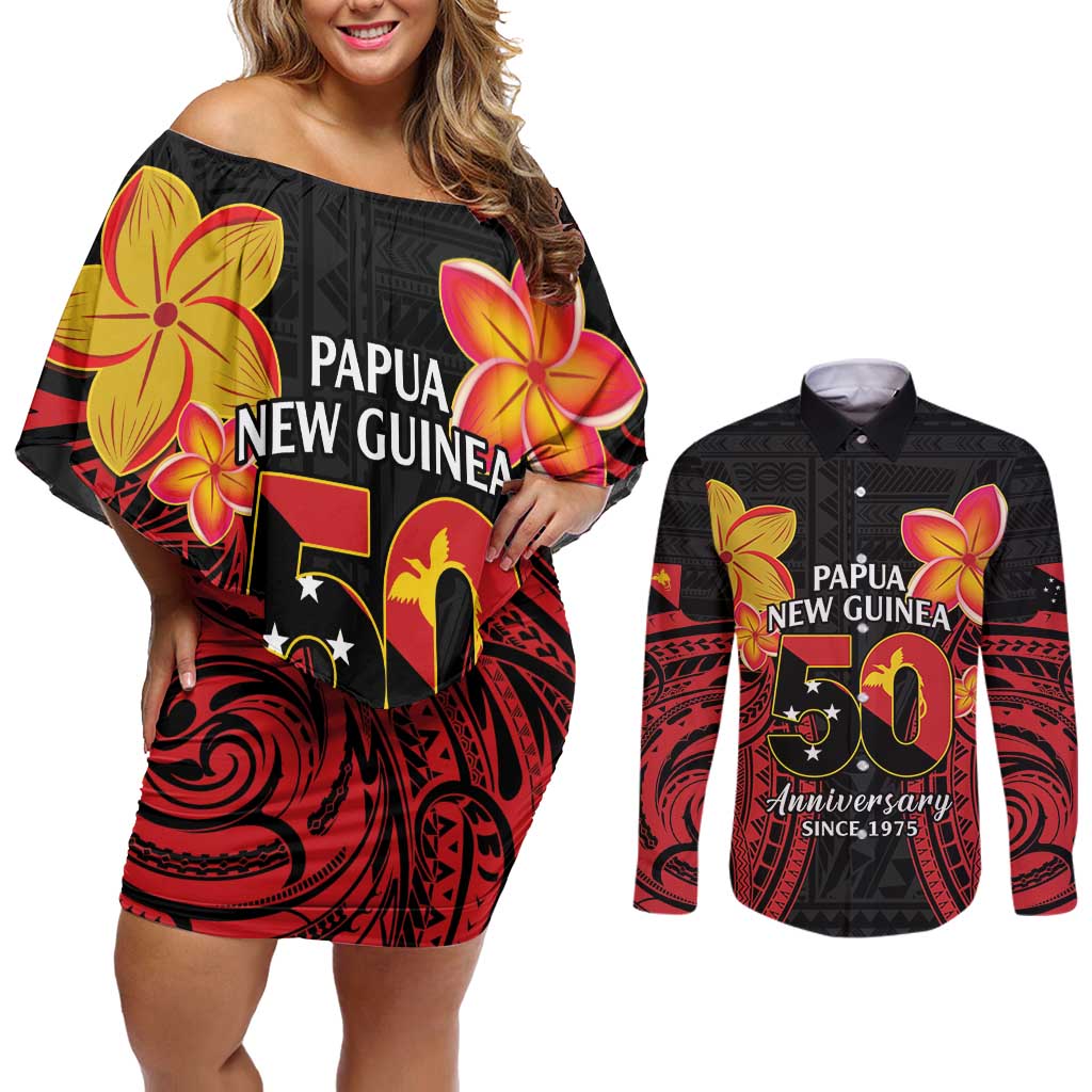 Papua New Guinea Independence Day Couples Matching Off Shoulder Short Dress and Long Sleeve Button Shirt PNG Since 1975 LT14 Black - Polynesian Pride