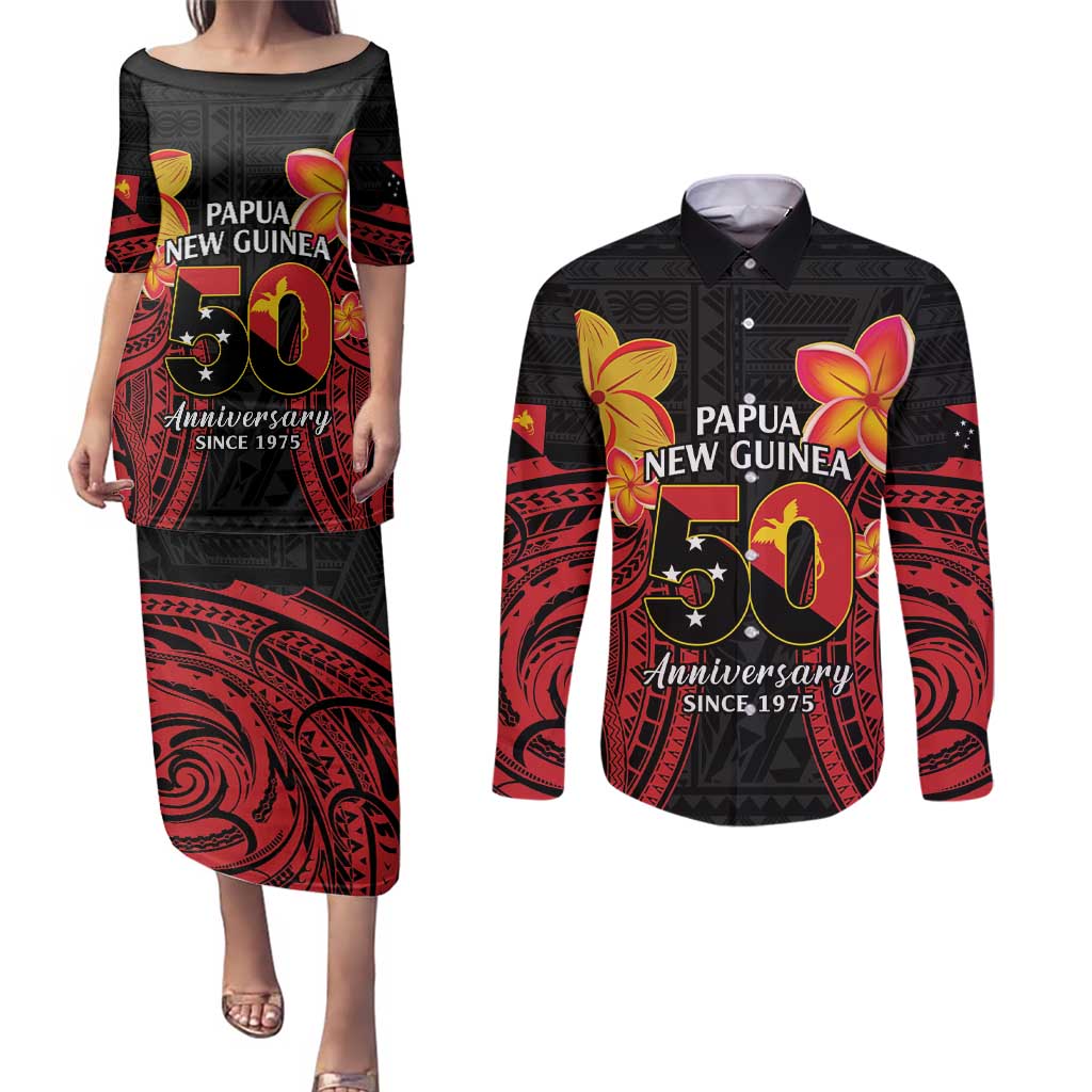 Papua New Guinea Independence Day Couples Matching Puletasi and Long Sleeve Button Shirt PNG Since 1975 LT14 Black - Polynesian Pride