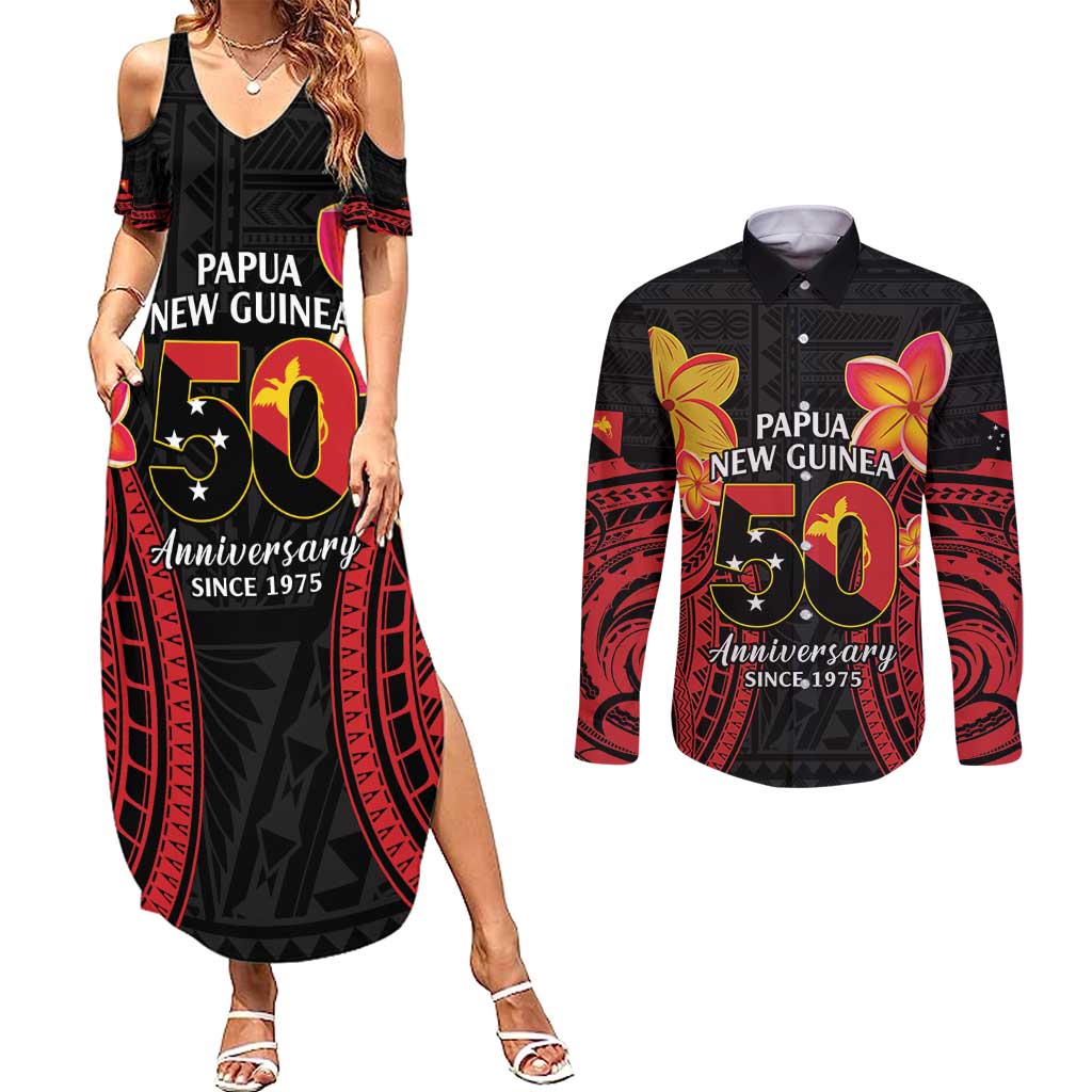 Papua New Guinea Independence Day Couples Matching Summer Maxi Dress and Long Sleeve Button Shirt PNG Since 1975 LT14 Black - Polynesian Pride