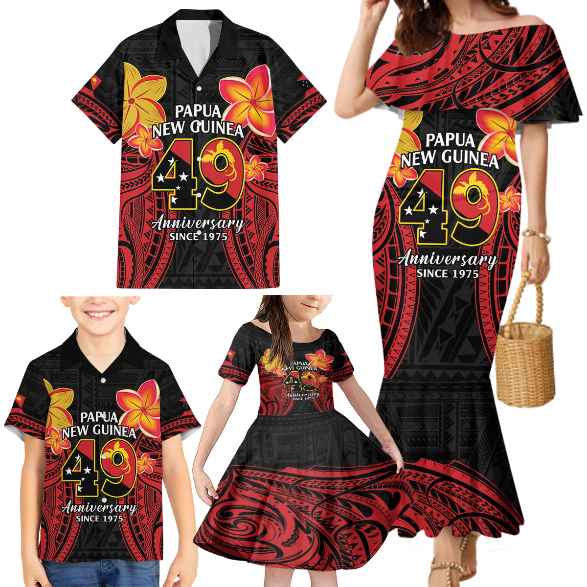 Papua New Guinea Independence Day Family Matching Mermaid Dress and Hawaiian Shirt PNG Since 1975