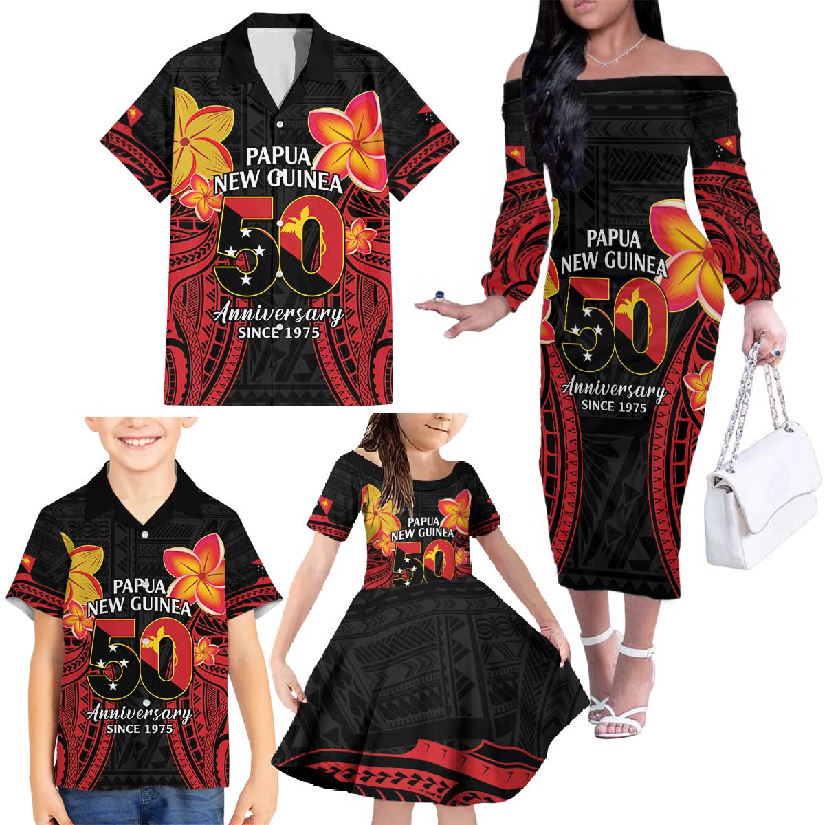 Papua New Guinea Independence Day Family Matching Off The Shoulder Long Sleeve Dress and Hawaiian Shirt PNG Since 1975 LT14 - Polynesian Pride