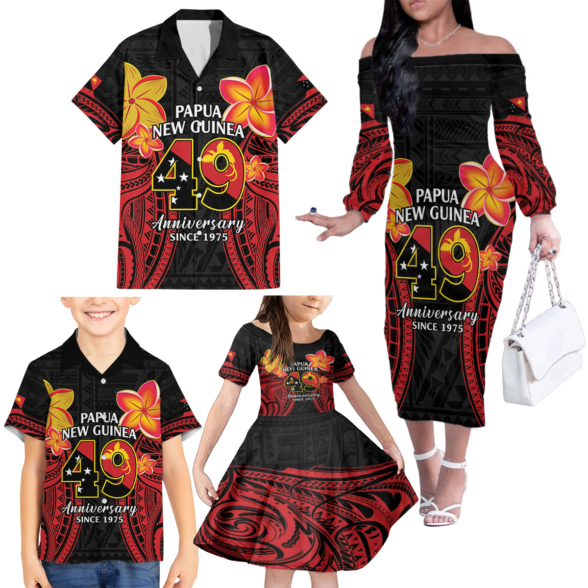 Papua New Guinea Independence Day Family Matching Off The Shoulder Long Sleeve Dress and Hawaiian Shirt PNG Since 1975