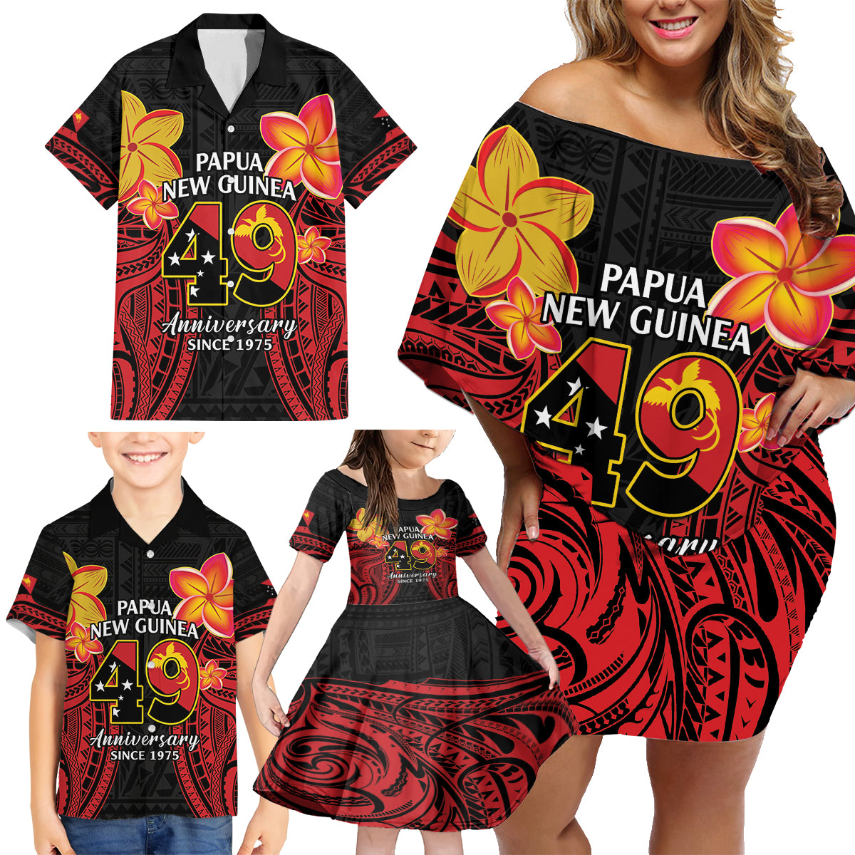 Papua New Guinea Independence Day Family Matching Off Shoulder Short Dress and Hawaiian Shirt PNG Since 1975