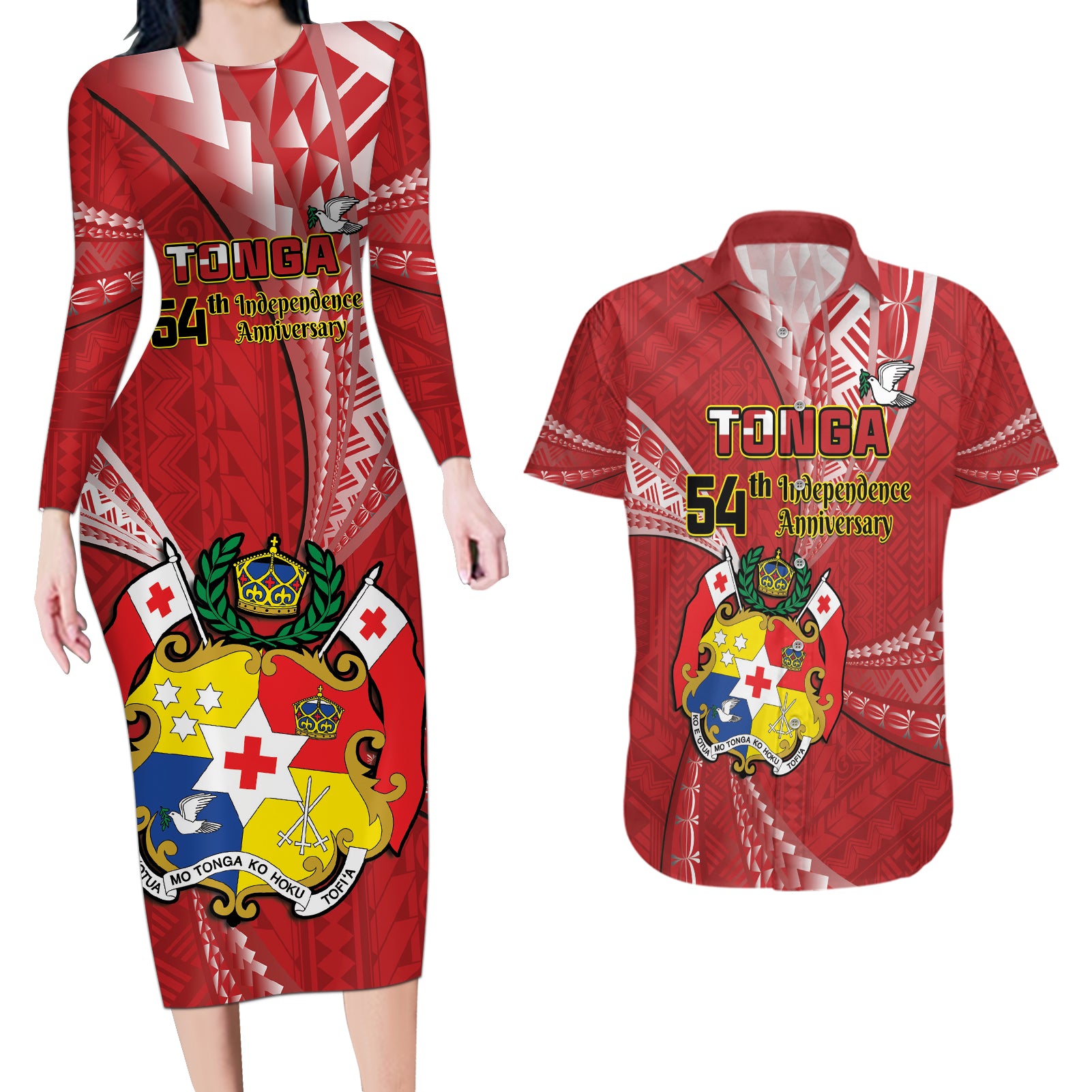 Personalised Tonga Independence Day Couples Matching Long Sleeve Bodycon Dress and Hawaiian Shirt Happy 54th Independence Anniversary Ngatu Pattern