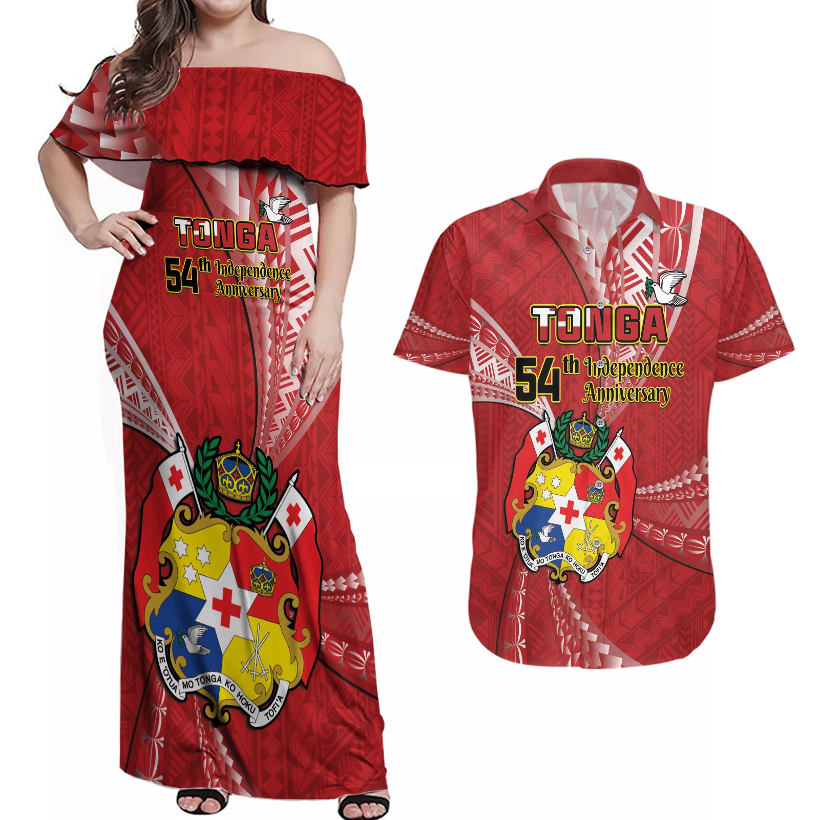 Personalised Tonga Independence Day Couples Matching Off Shoulder Maxi Dress and Hawaiian Shirt Happy 54th Independence Anniversary Ngatu Pattern