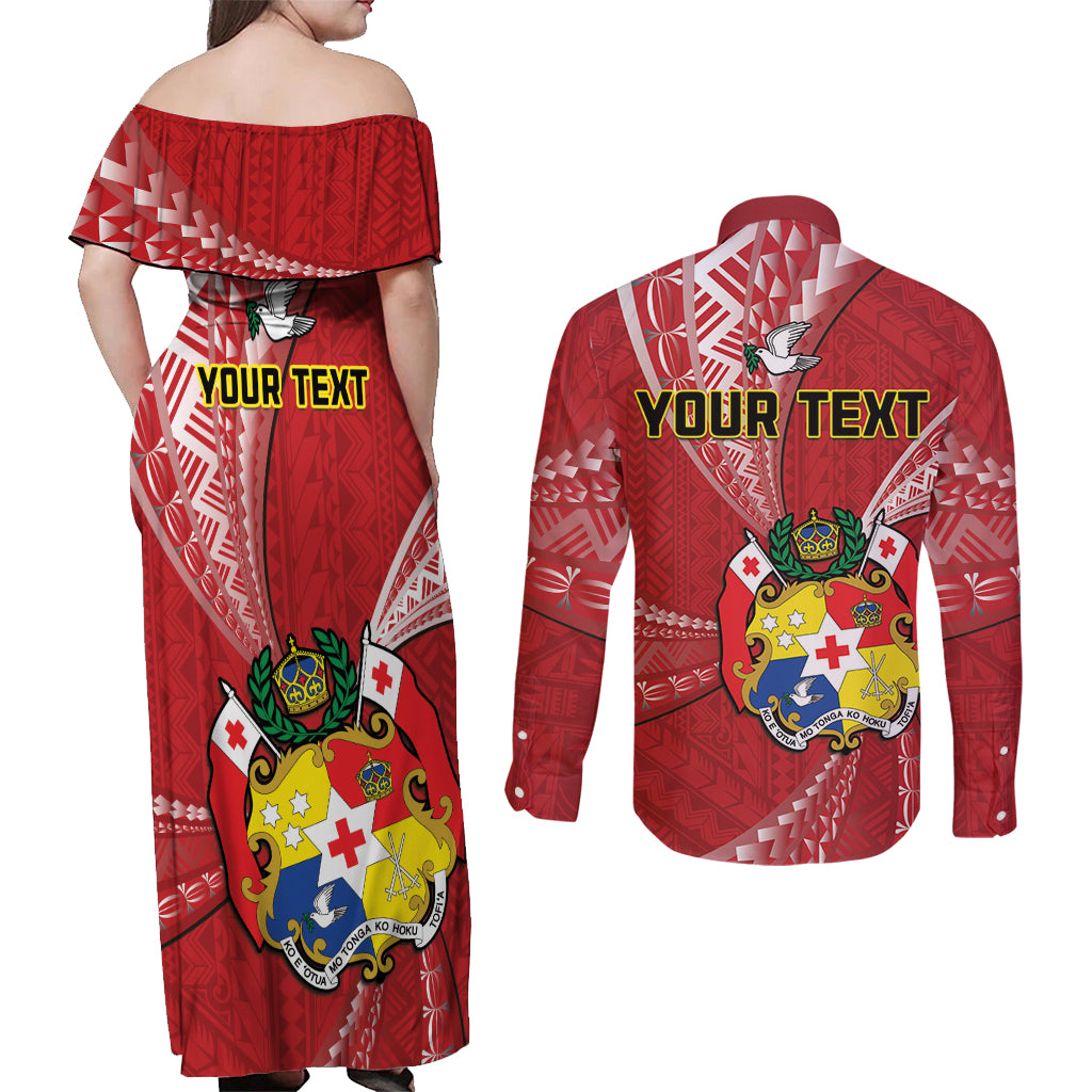 Personalised Tonga Independence Day Couples Matching Off Shoulder Maxi Dress and Long Sleeve Button Shirt Happy 54th Independence Anniversary Ngatu Pattern
