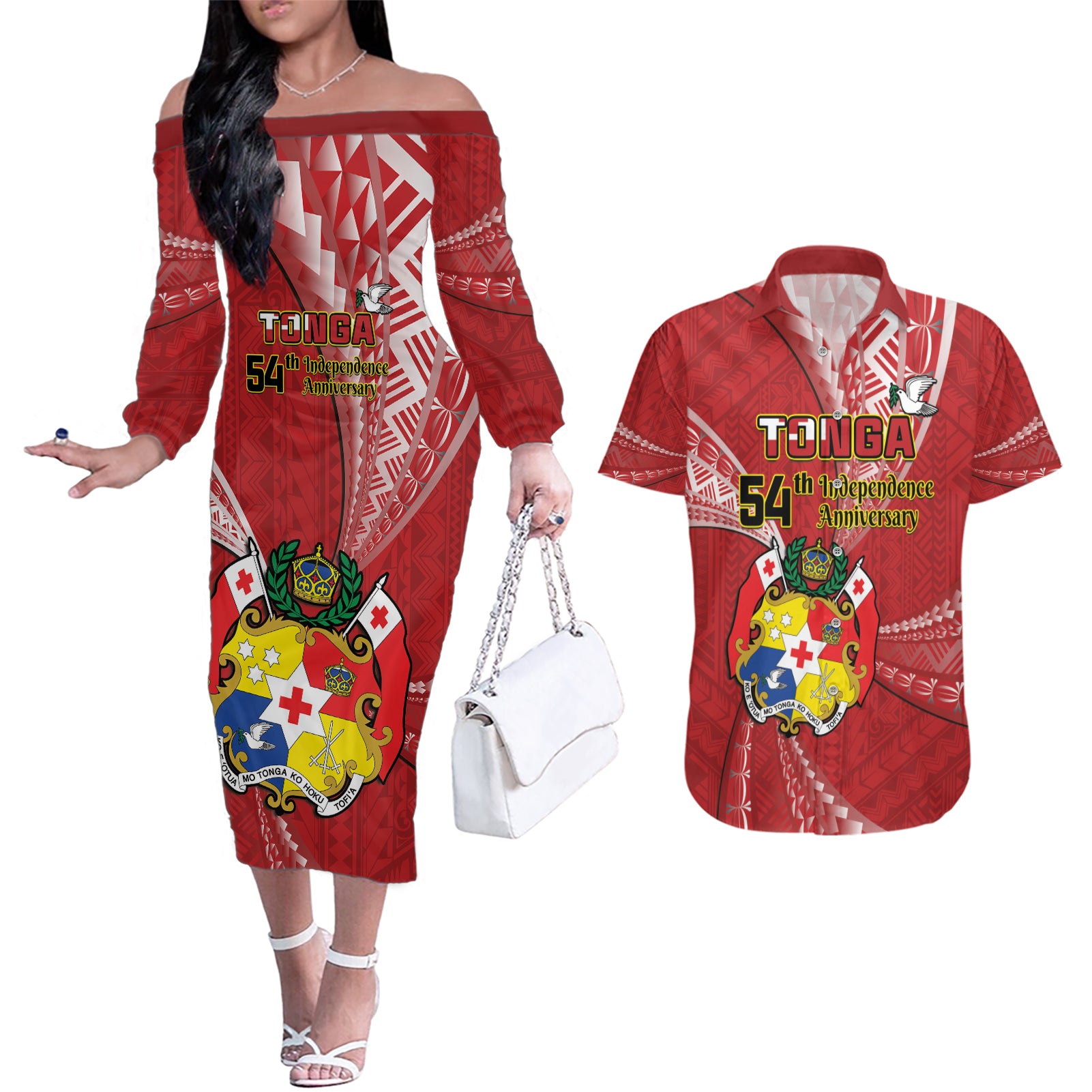 Personalised Tonga Independence Day Couples Matching Off The Shoulder Long Sleeve Dress and Hawaiian Shirt Happy 54th Independence Anniversary Ngatu Pattern