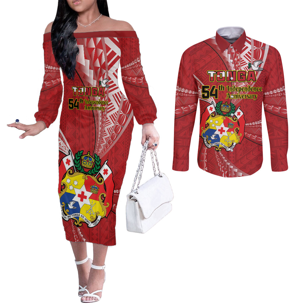 Personalised Tonga Independence Day Couples Matching Off The Shoulder Long Sleeve Dress and Long Sleeve Button Shirt Happy 54th Independence Anniversary Ngatu Pattern