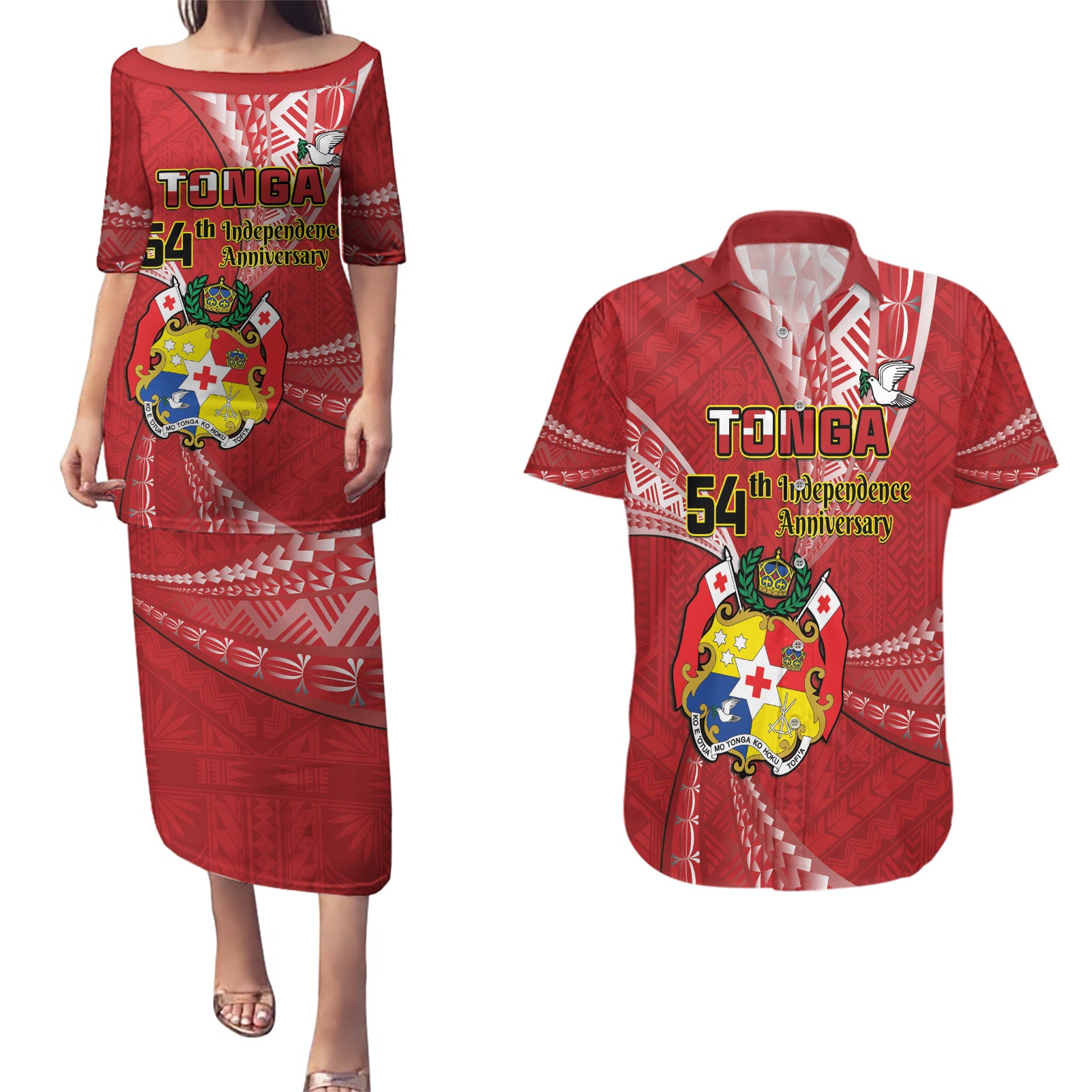 Personalised Tonga Independence Day Couples Matching Puletasi and Hawaiian Shirt Happy 54th Independence Anniversary Ngatu Pattern