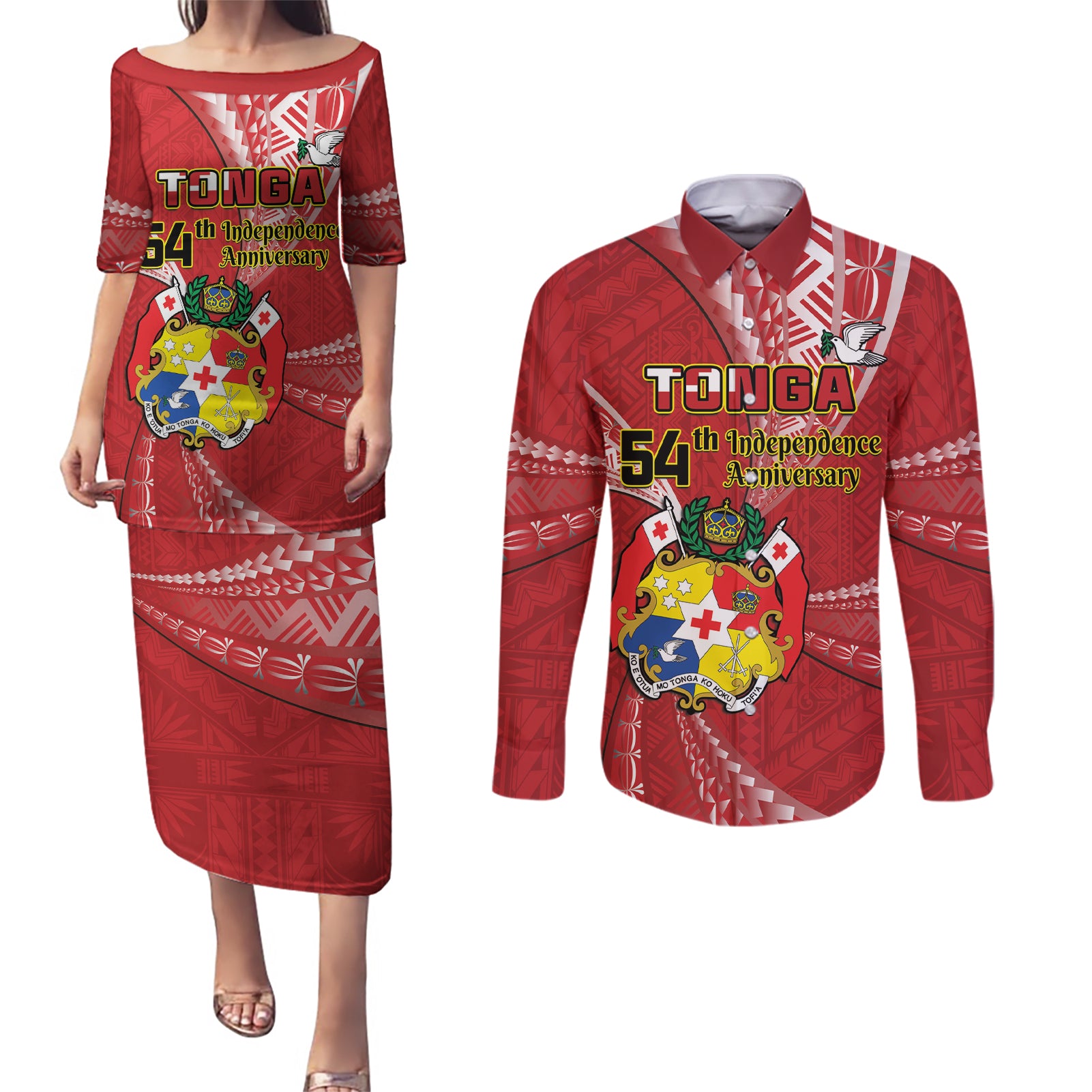 Personalised Tonga Independence Day Couples Matching Puletasi and Long Sleeve Button Shirt Happy 54th Independence Anniversary Ngatu Pattern