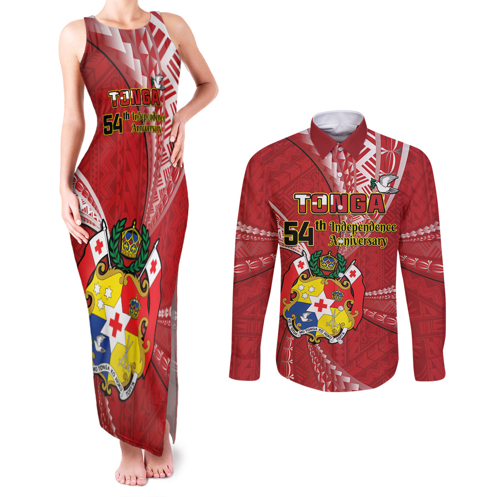 Personalised Tonga Independence Day Couples Matching Tank Maxi Dress and Long Sleeve Button Shirt Happy 54th Independence Anniversary Ngatu Pattern