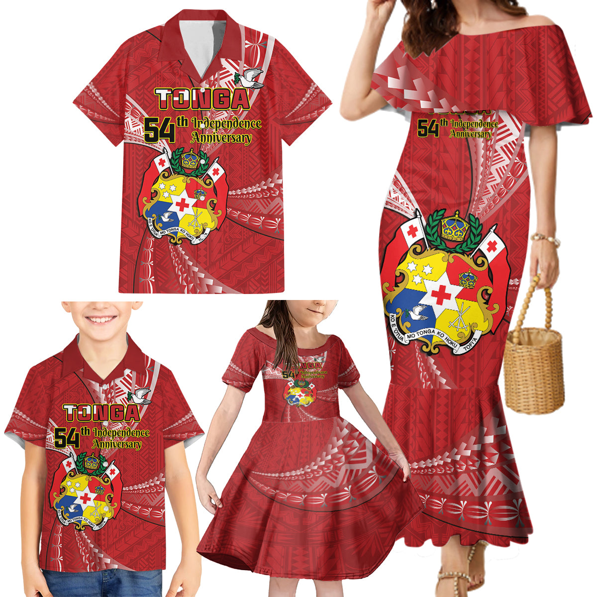 Personalised Tonga Independence Day Family Matching Mermaid Dress and Hawaiian Shirt Happy 54th Independence Anniversary Ngatu Pattern