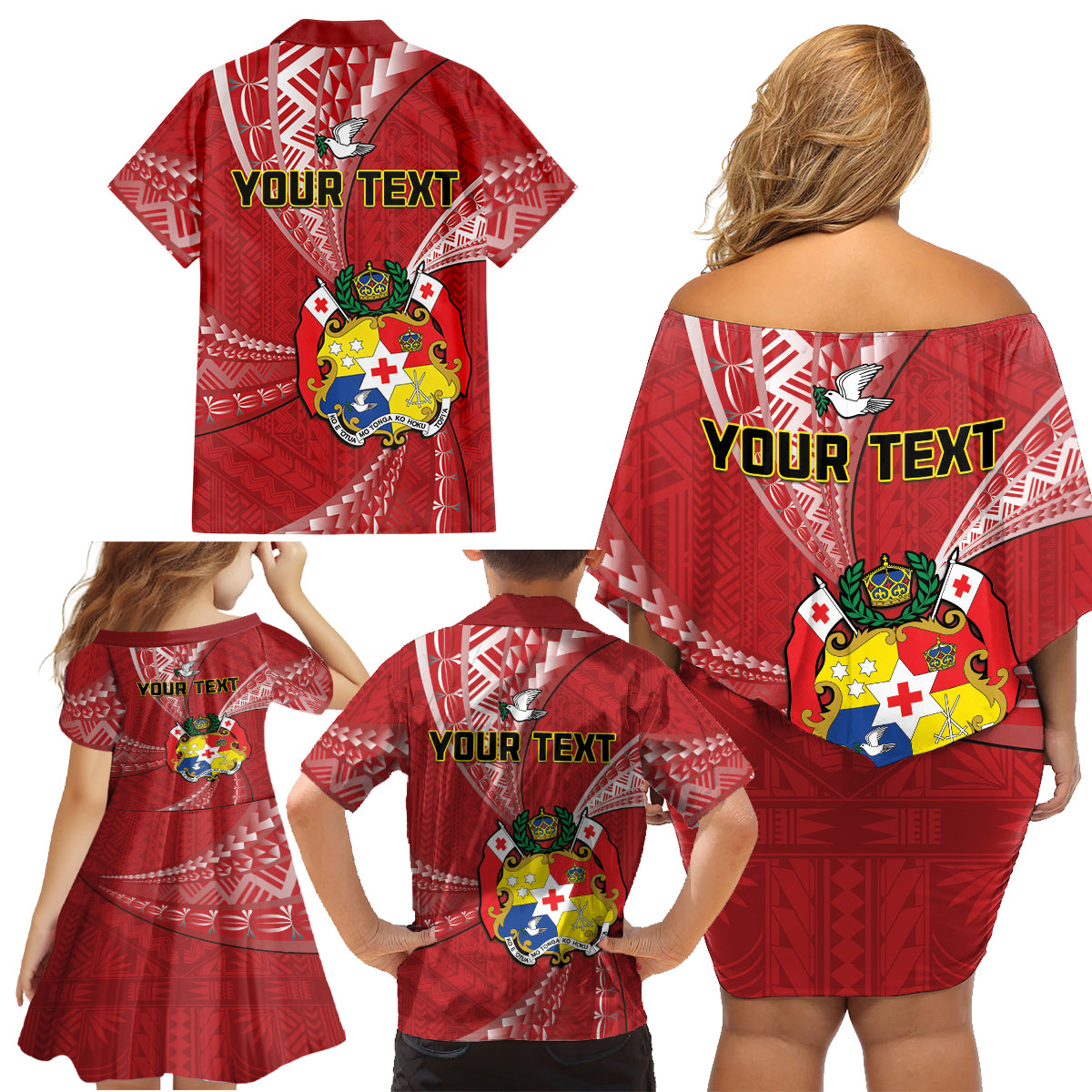 Personalised Tonga Independence Day Family Matching Off Shoulder Short Dress and Hawaiian Shirt Happy 54th Independence Anniversary Ngatu Pattern