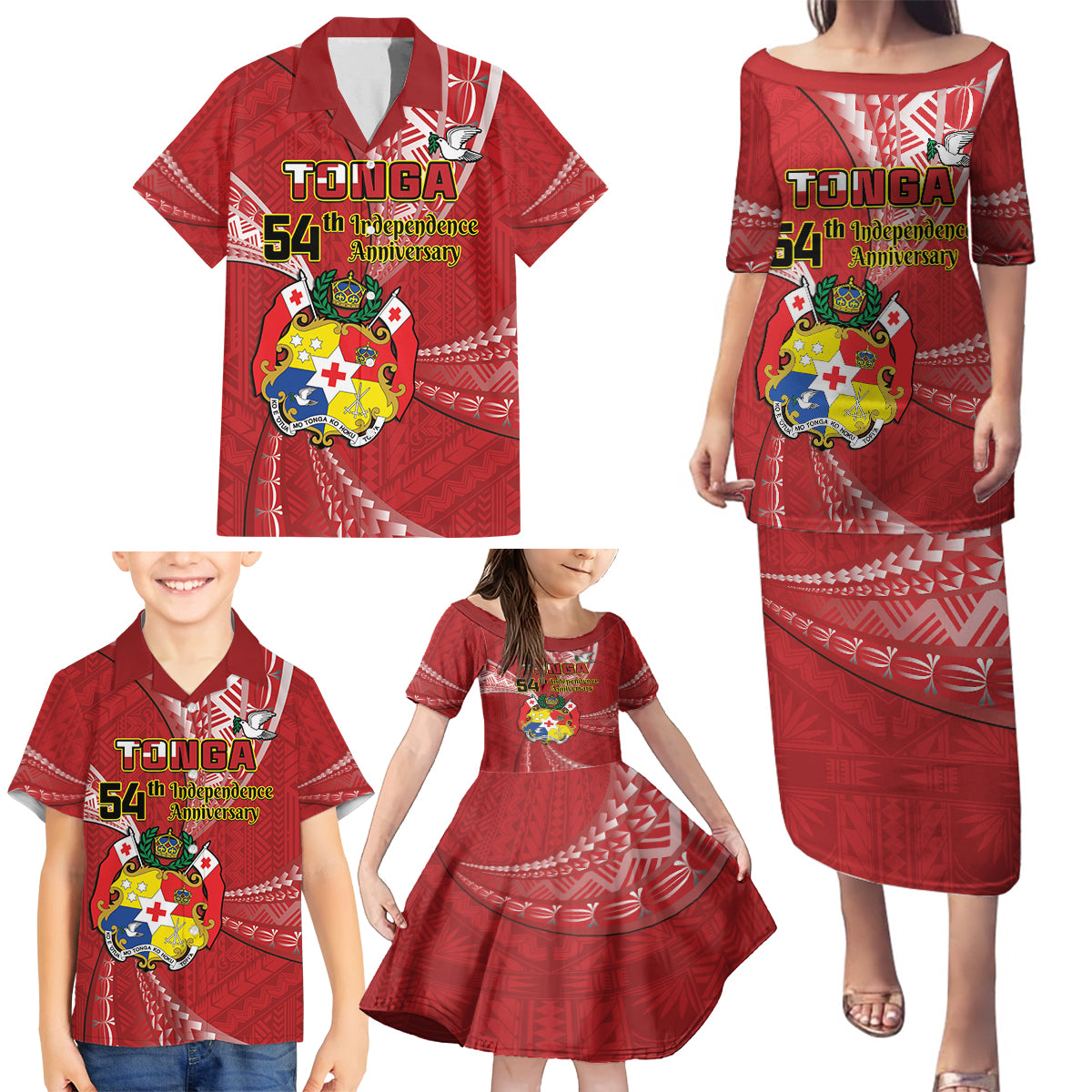 Personalised Tonga Independence Day Family Matching Puletasi and Hawaiian Shirt Happy 54th Independence Anniversary Ngatu Pattern