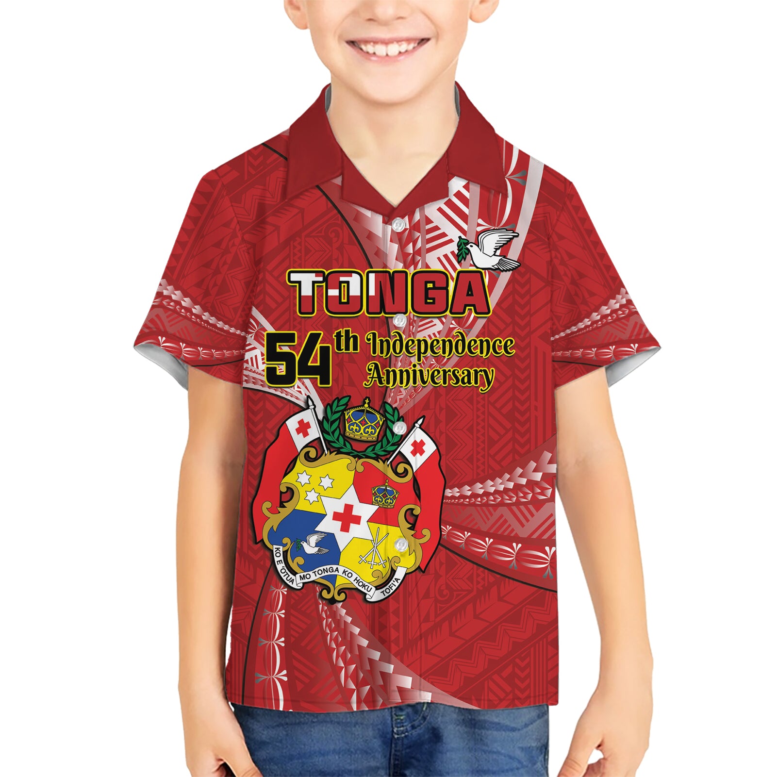 Personalised Tonga Independence Day Kid Hawaiian Shirt Happy 54th Independence Anniversary Ngatu Pattern