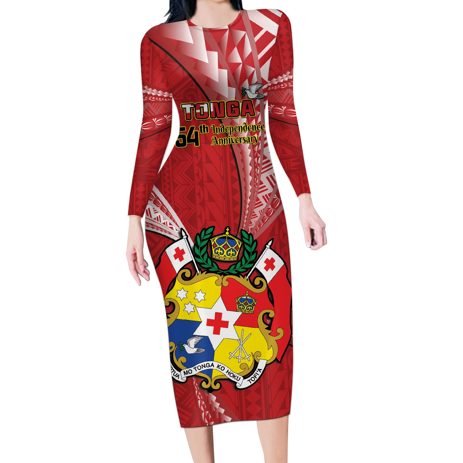 Personalised Tonga Independence Day Long Sleeve Bodycon Dress Happy 54th Independence Anniversary Ngatu Pattern