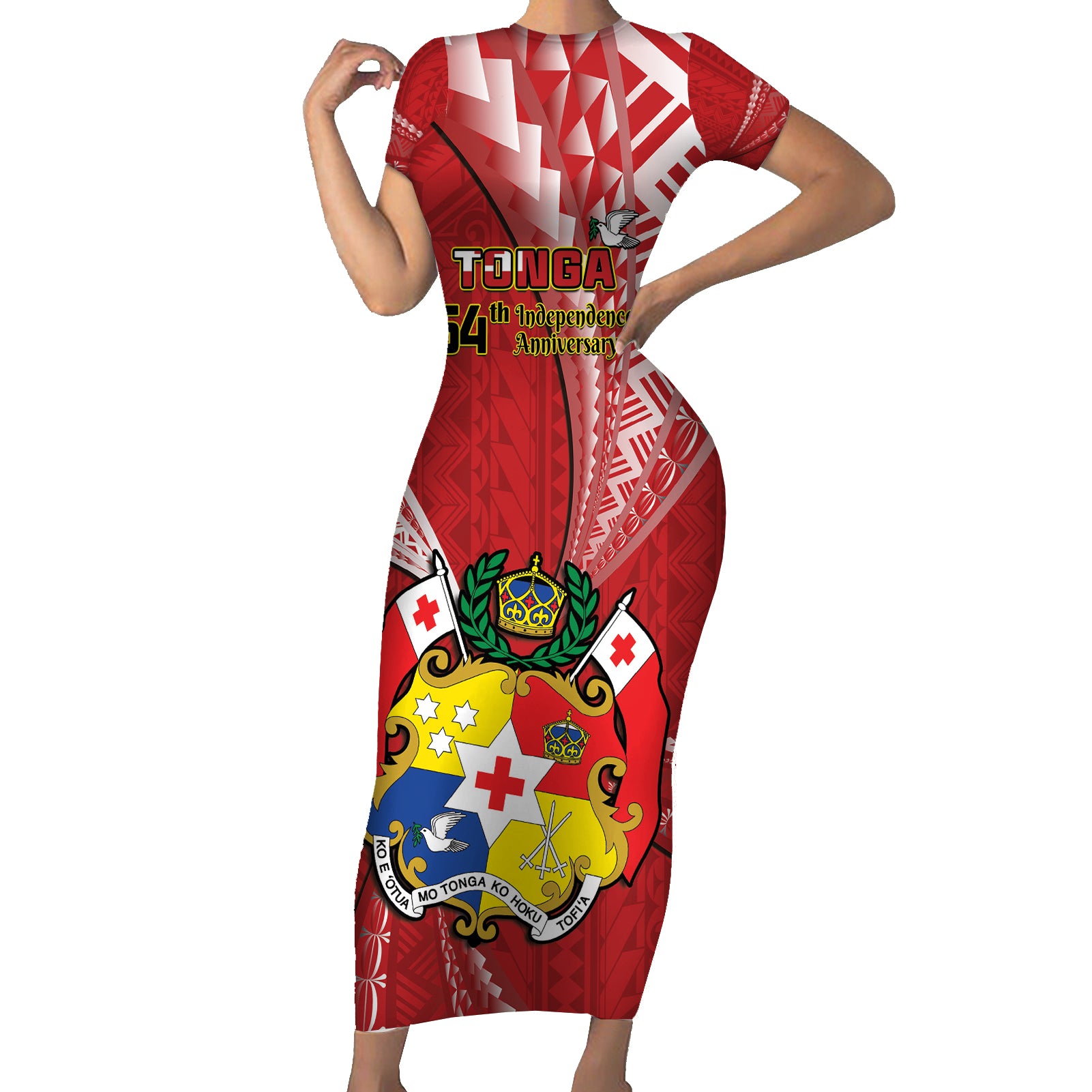 Personalised Tonga Independence Day Short Sleeve Bodycon Dress Happy 54th Independence Anniversary Ngatu Pattern