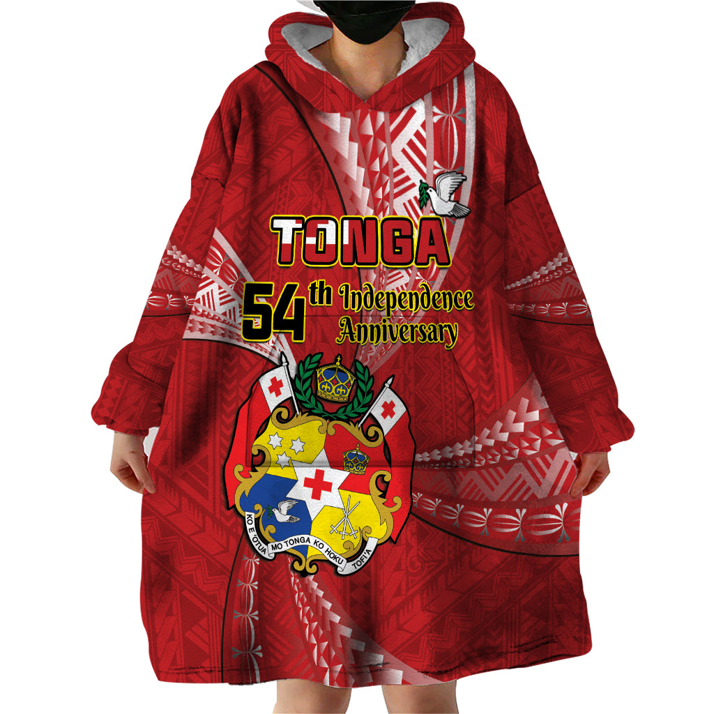 Personalised Tonga Independence Day Wearable Blanket Hoodie Happy 54th Independence Anniversary Ngatu Pattern