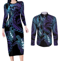 Polynesia Sea Turtle Day Couples Matching Long Sleeve Bodycon Dress and Long Sleeve Button Shirt Tribal Honu Plumeria Polynesian Pattern LT14 Purple - Polynesian Pride