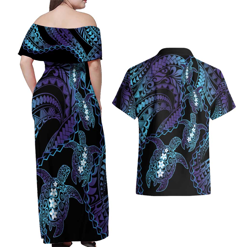 Polynesia Sea Turtle Day Couples Matching Off Shoulder Maxi Dress and Hawaiian Shirt Tribal Honu Plumeria Polynesian Pattern LT14 - Polynesian Pride