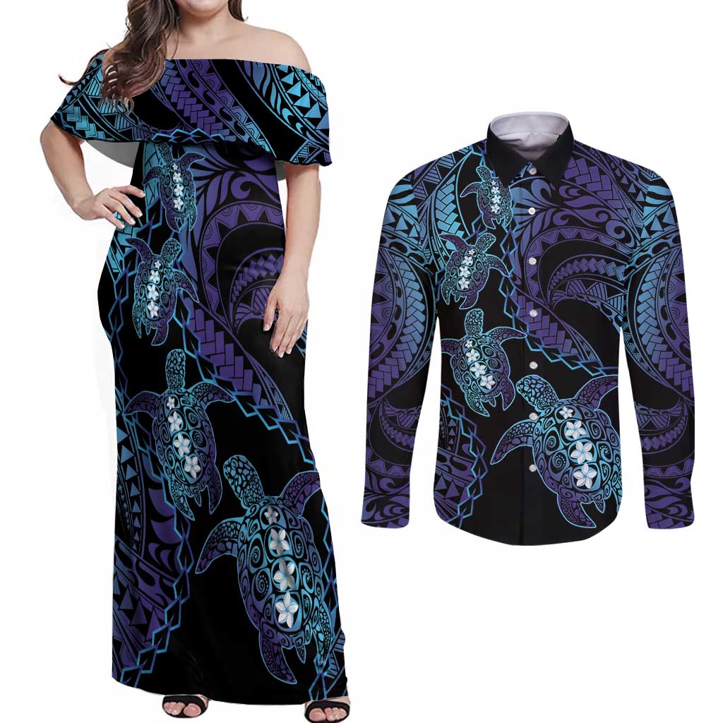 Polynesia Sea Turtle Day Couples Matching Off Shoulder Maxi Dress and Long Sleeve Button Shirt Tribal Honu Plumeria Polynesian Pattern LT14 Purple - Polynesian Pride