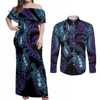 Polynesia Sea Turtle Day Couples Matching Off Shoulder Maxi Dress and Long Sleeve Button Shirt Tribal Honu Plumeria Polynesian Pattern LT14 Purple - Polynesian Pride