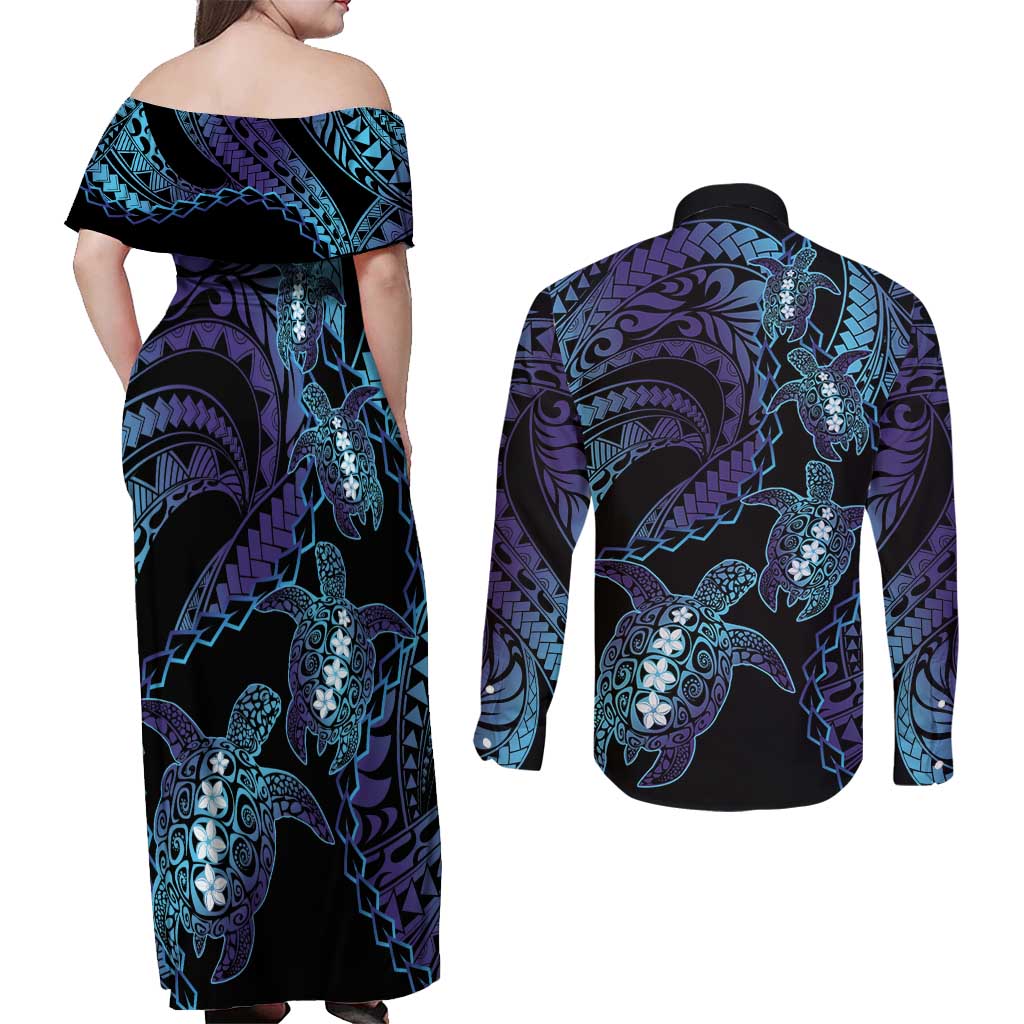 Polynesia Sea Turtle Day Couples Matching Off Shoulder Maxi Dress and Long Sleeve Button Shirt Tribal Honu Plumeria Polynesian Pattern LT14 - Polynesian Pride