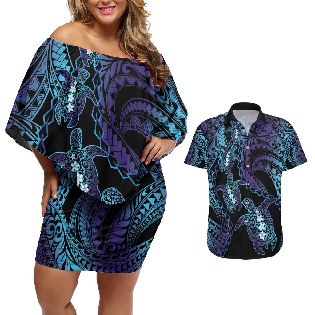 Polynesia Sea Turtle Day Couples Matching Off Shoulder Short Dress and Hawaiian Shirt Tribal Honu Plumeria Polynesian Pattern LT14 Purple - Polynesian Pride