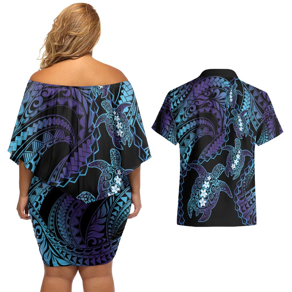 Polynesia Sea Turtle Day Couples Matching Off Shoulder Short Dress and Hawaiian Shirt Tribal Honu Plumeria Polynesian Pattern LT14 - Polynesian Pride