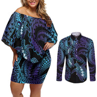 Polynesia Sea Turtle Day Couples Matching Off Shoulder Short Dress and Long Sleeve Button Shirt Tribal Honu Plumeria Polynesian Pattern LT14 Purple - Polynesian Pride