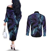 Polynesia Sea Turtle Day Couples Matching Off The Shoulder Long Sleeve Dress and Long Sleeve Button Shirt Tribal Honu Plumeria Polynesian Pattern LT14 - Polynesian Pride