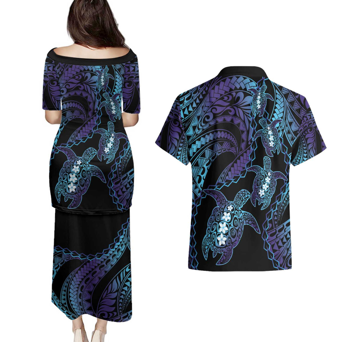 Polynesia Sea Turtle Day Couples Matching Puletasi and Hawaiian Shirt Tribal Honu Plumeria Polynesian Pattern LT14 - Polynesian Pride