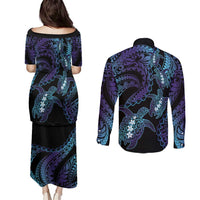 Polynesia Sea Turtle Day Couples Matching Puletasi and Long Sleeve Button Shirt Tribal Honu Plumeria Polynesian Pattern LT14 - Polynesian Pride