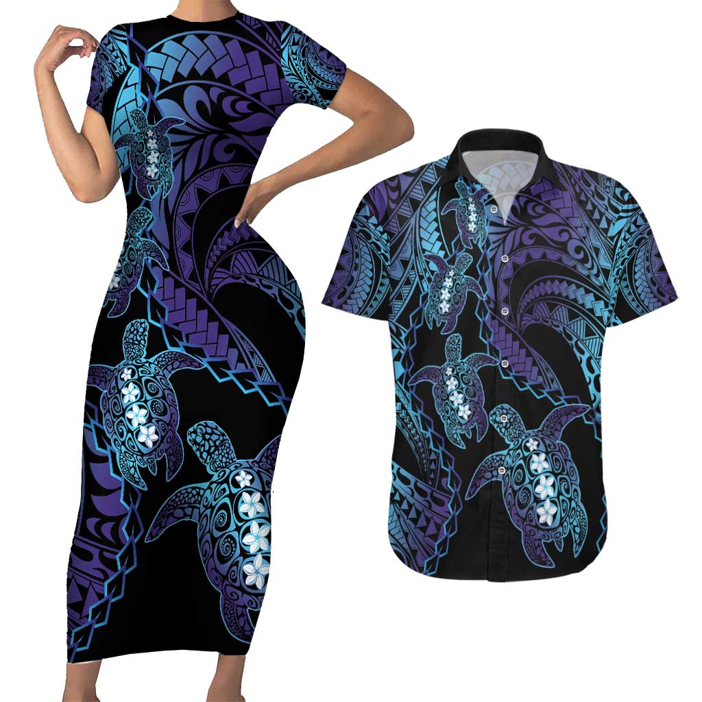 Polynesia Sea Turtle Day Couples Matching Short Sleeve Bodycon Dress and Hawaiian Shirt Tribal Honu Plumeria Polynesian Pattern LT14 Purple - Polynesian Pride