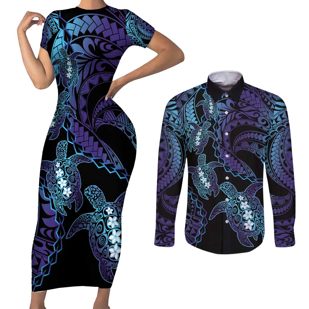 Polynesia Sea Turtle Day Couples Matching Short Sleeve Bodycon Dress and Long Sleeve Button Shirt Tribal Honu Plumeria Polynesian Pattern LT14 Purple - Polynesian Pride