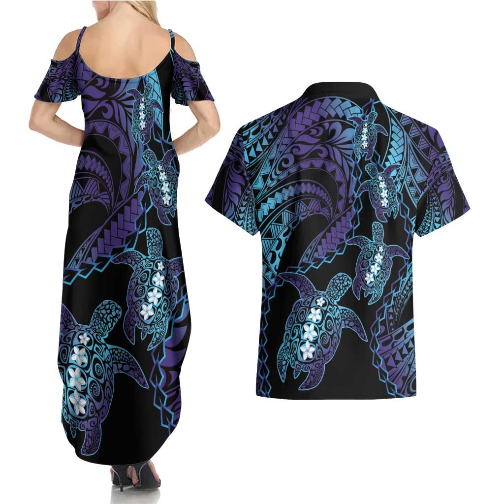 Polynesia Sea Turtle Day Couples Matching Summer Maxi Dress and Hawaiian Shirt Tribal Honu Plumeria Polynesian Pattern LT14 - Polynesian Pride