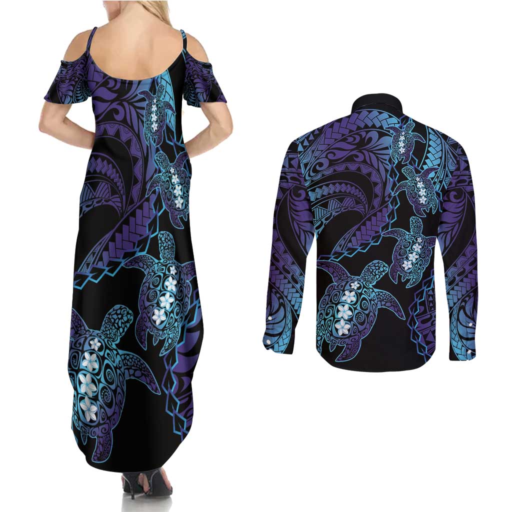 Polynesia Sea Turtle Day Couples Matching Summer Maxi Dress and Long Sleeve Button Shirt Tribal Honu Plumeria Polynesian Pattern LT14 - Polynesian Pride