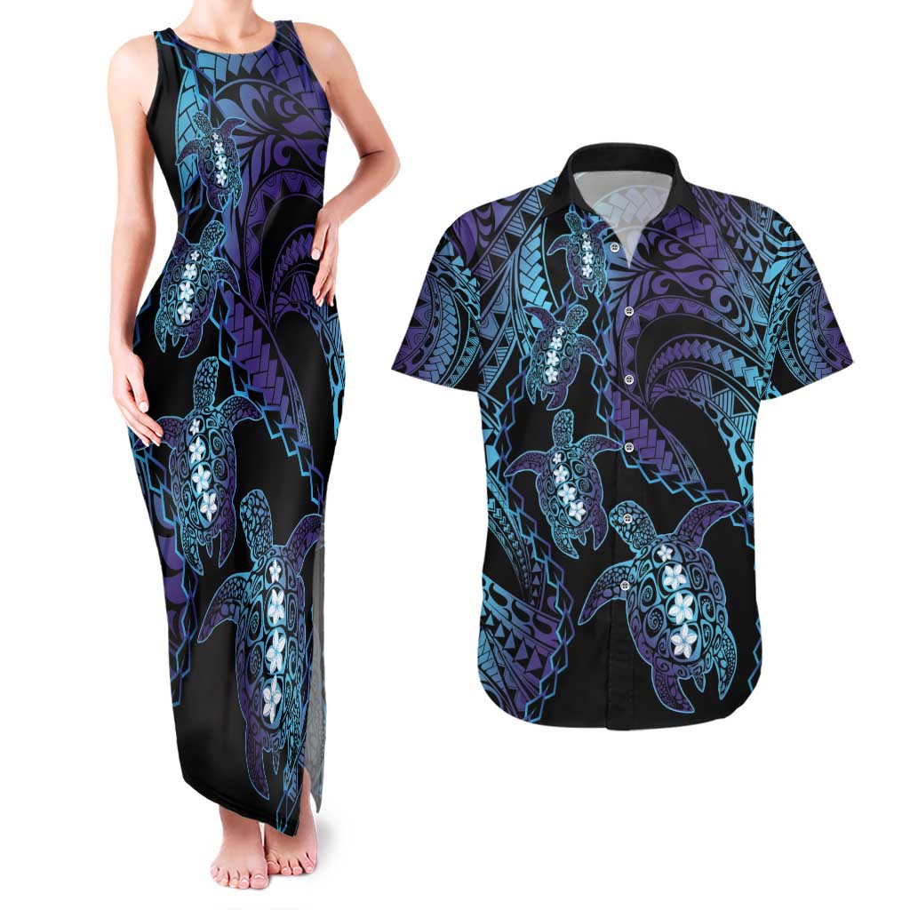 Polynesia Sea Turtle Day Couples Matching Tank Maxi Dress and Hawaiian Shirt Tribal Honu Plumeria Polynesian Pattern LT14 Purple - Polynesian Pride