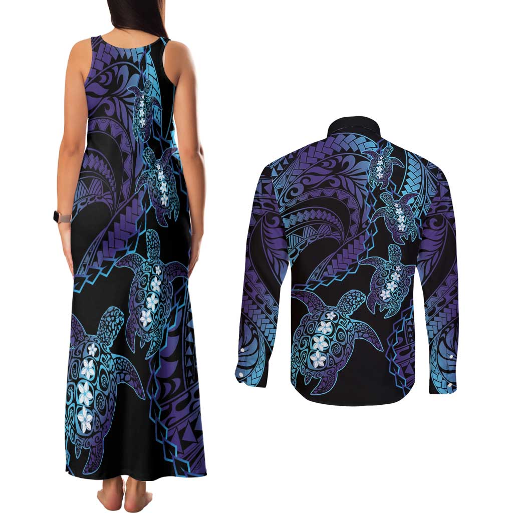 Polynesia Sea Turtle Day Couples Matching Tank Maxi Dress and Long Sleeve Button Shirt Tribal Honu Plumeria Polynesian Pattern LT14 - Polynesian Pride